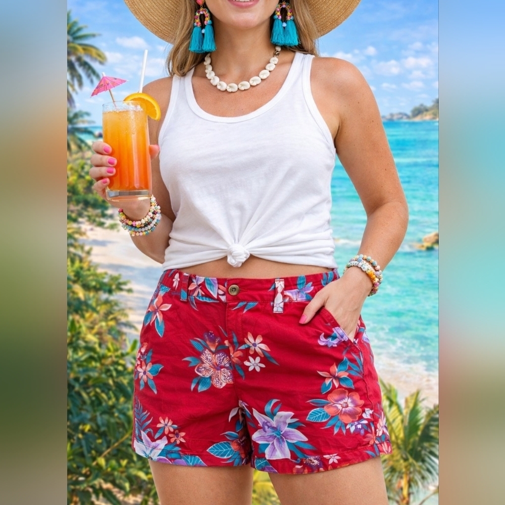 EUC Old Navy Floral Red Hawaiian Shorts Size 14